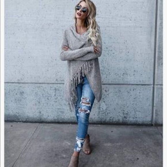 New Tassel Hem Long Sweater Poncho Pullover Wrap - Picture 3 of 7